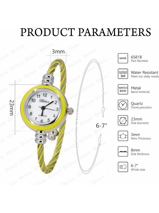 Women\'s Tan Yellow Analog Quartz Elegant Cable Cuff Arabic Number Bracelet Watch